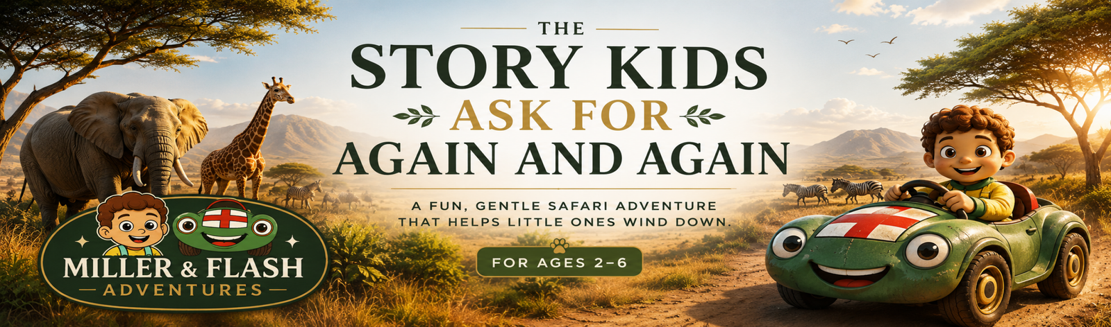 Miller and Flash safari bedtime adventure banner for children ages 2-6
